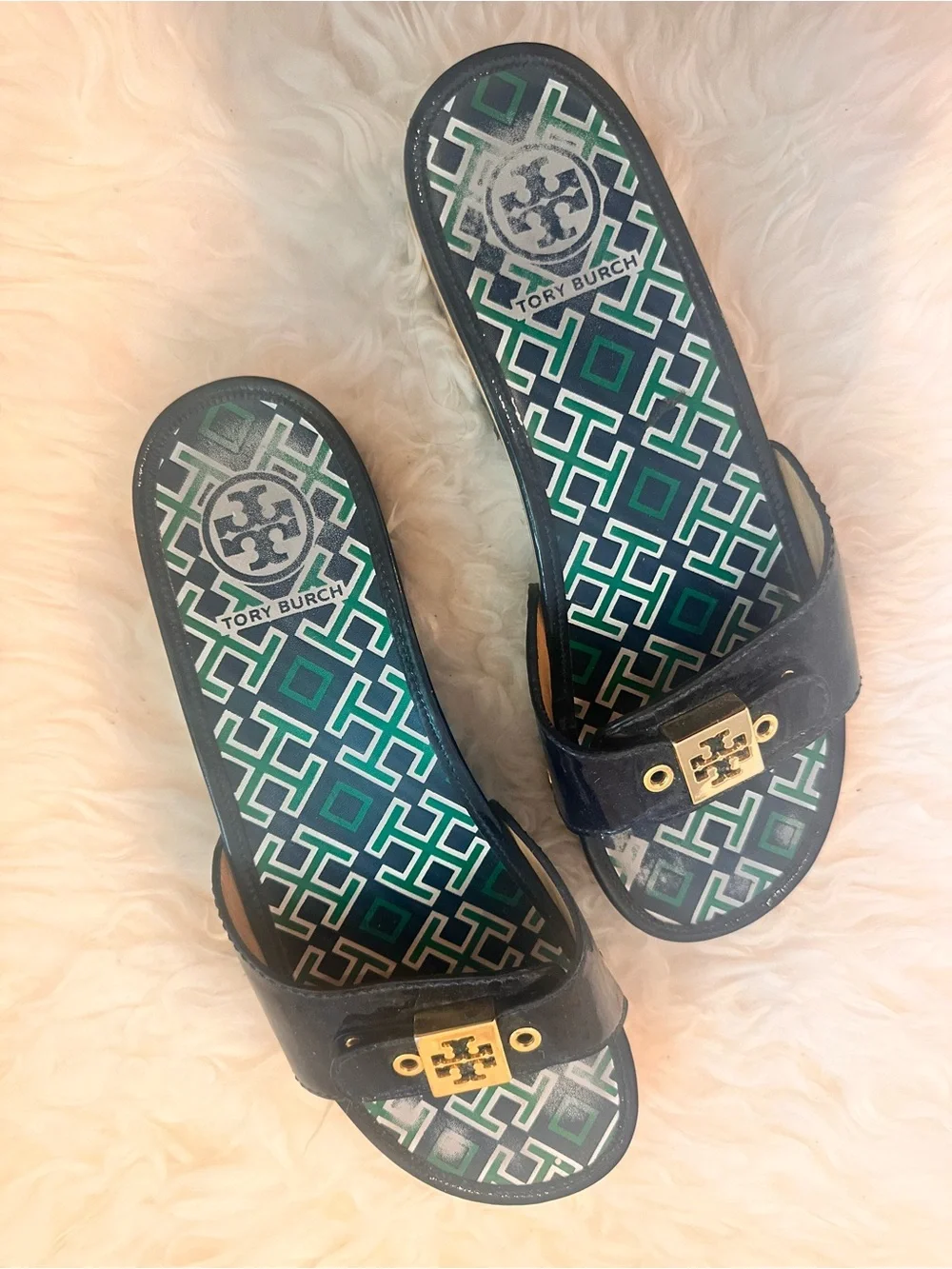 Tory Burch Navy and Green Platform Slide Sandals by Tory Burch